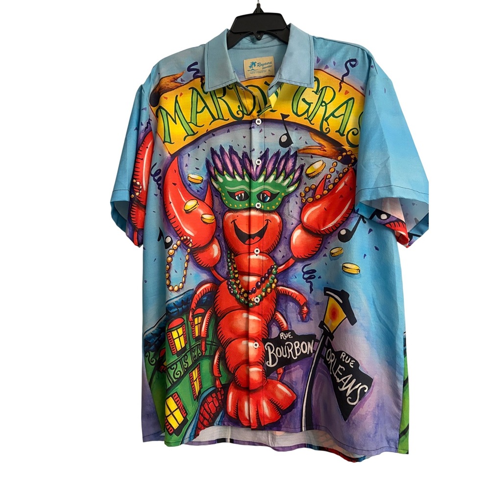 Royaura Hawaiian Shirt XL Blue Mardi Gras, Lobster, Bourbon St, NOLA, Festival